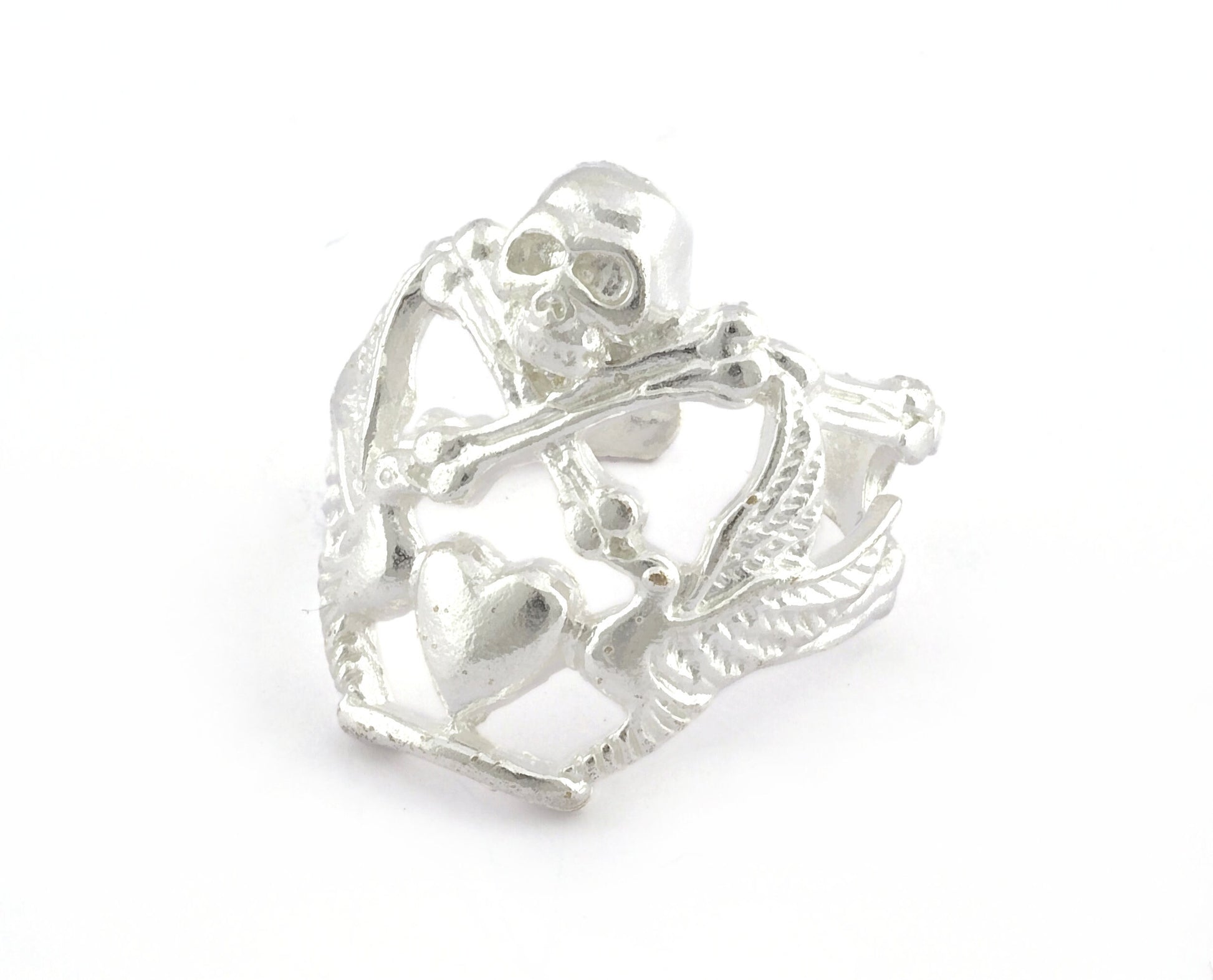 Skull Heart Adjustable Ring Shiny Silver Plated Brass (19mm 9US inner size) OZ3346
