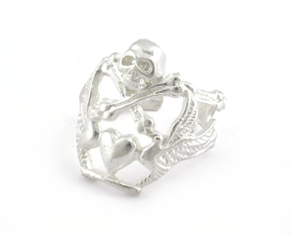 Skull Heart Adjustable Ring Shiny Silver Plated Brass (19mm 9US inner size) OZ3346