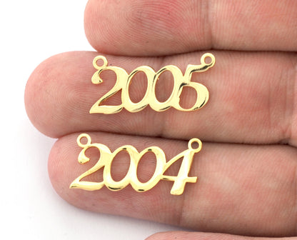 Years, Birth year, Date of birth Charms, Connector Pendant Shiny Gold Plated Brass 26x11mm S393