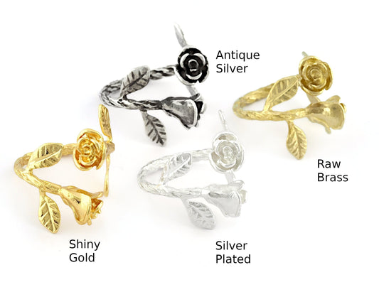 Roses Flower Adjustable Ring Raw Brass , Antique silver, Shiny silver, Shiny gold plated 8US 4778