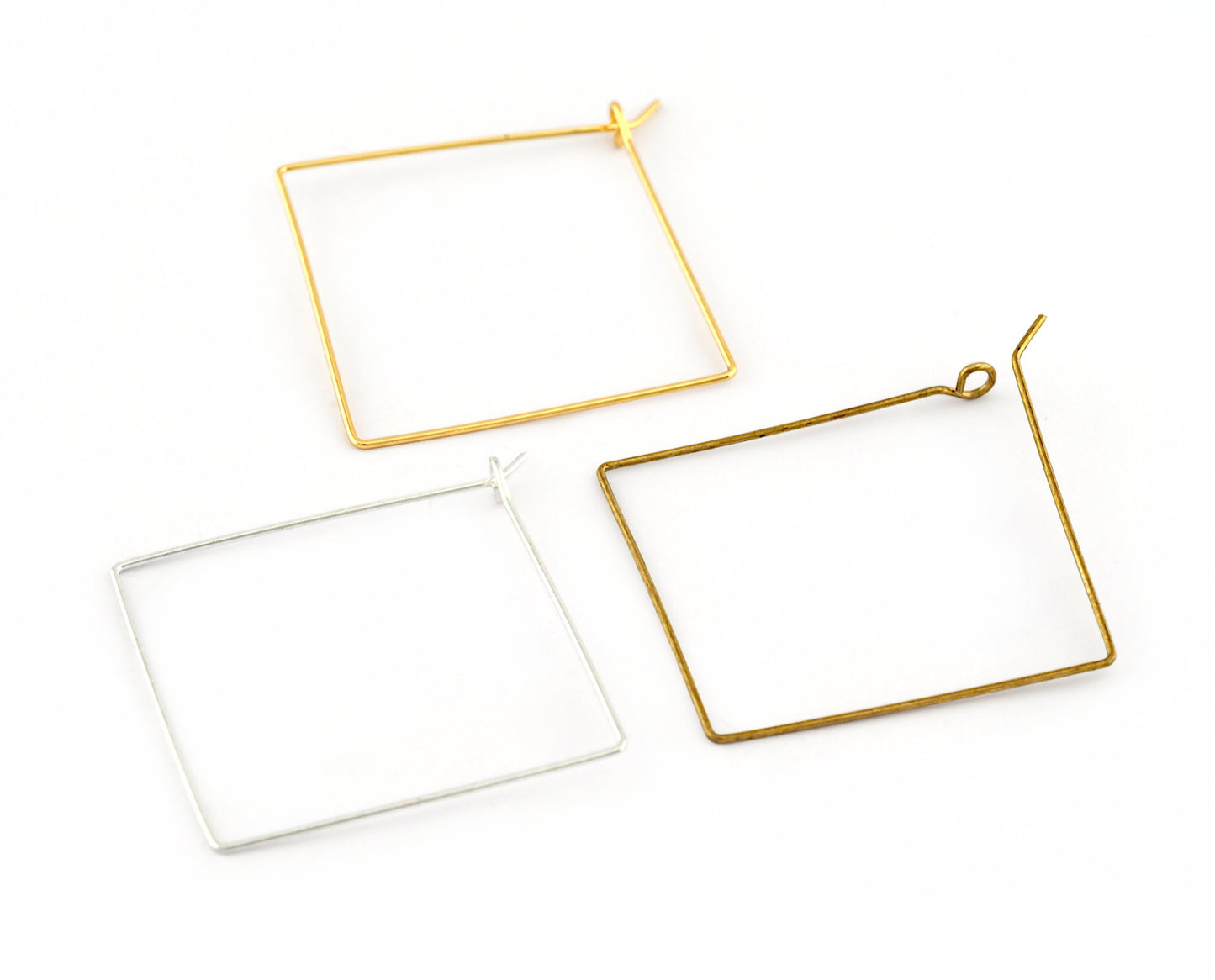 Square Wire Earring Hoops Raw brass, Shiny Silver, Shiny Gold Plated 32mm 3505