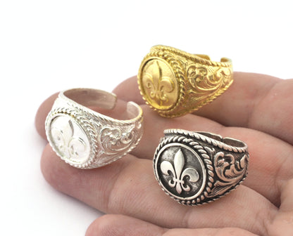 Lily Flower Fleur de lis Signet Adjustable Ring Raw Brass - Antique silver - Shiny silver - (9US - 12US inner size) 3122