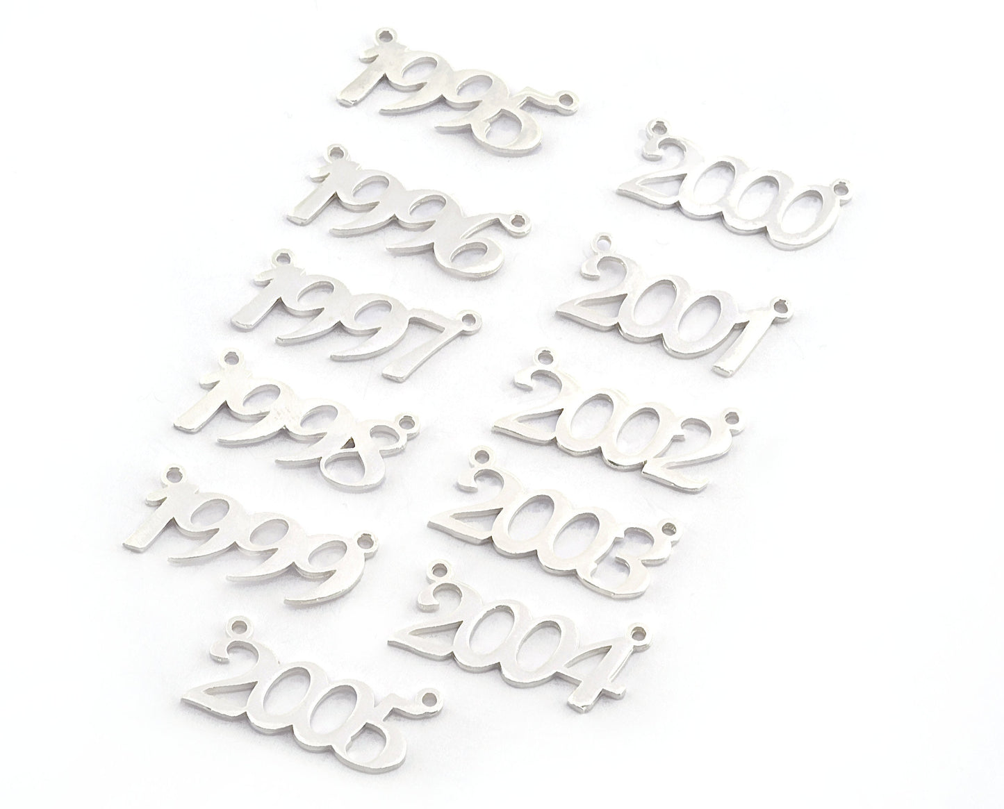 Years, Birth year, Date of birth Charms, Connector Pendant Shiny Silver Plated Brass 26x11mm S393