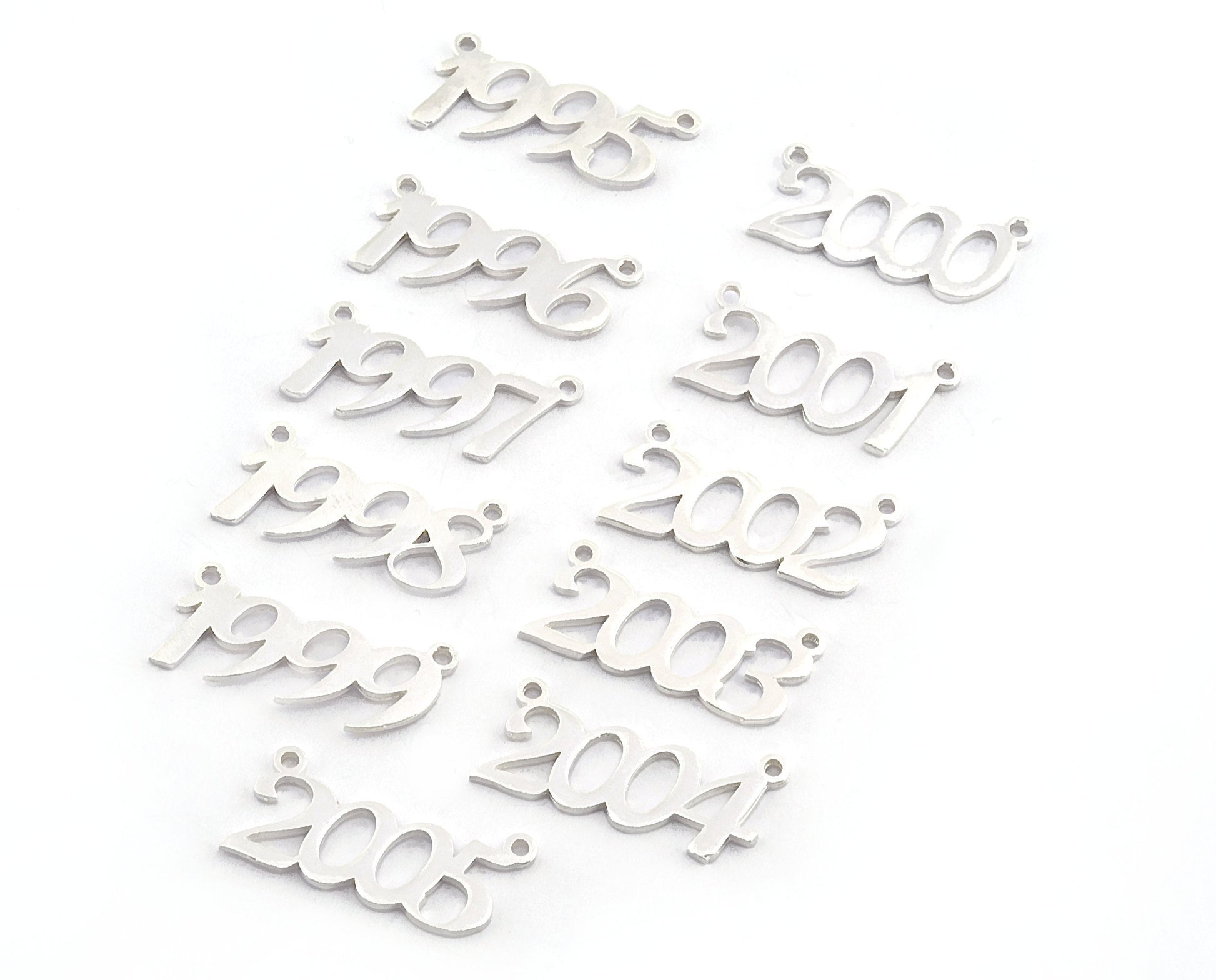 Years, Birth year, Date of birth Charms, Connector Pendant Shiny Silver Plated Brass 26x11mm S393