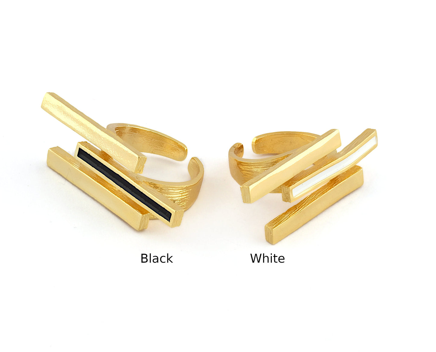 Stripe Ring Adjustable Enamel white - Black Ring shiny gold plated brass (8 US Adjustable ) 5381