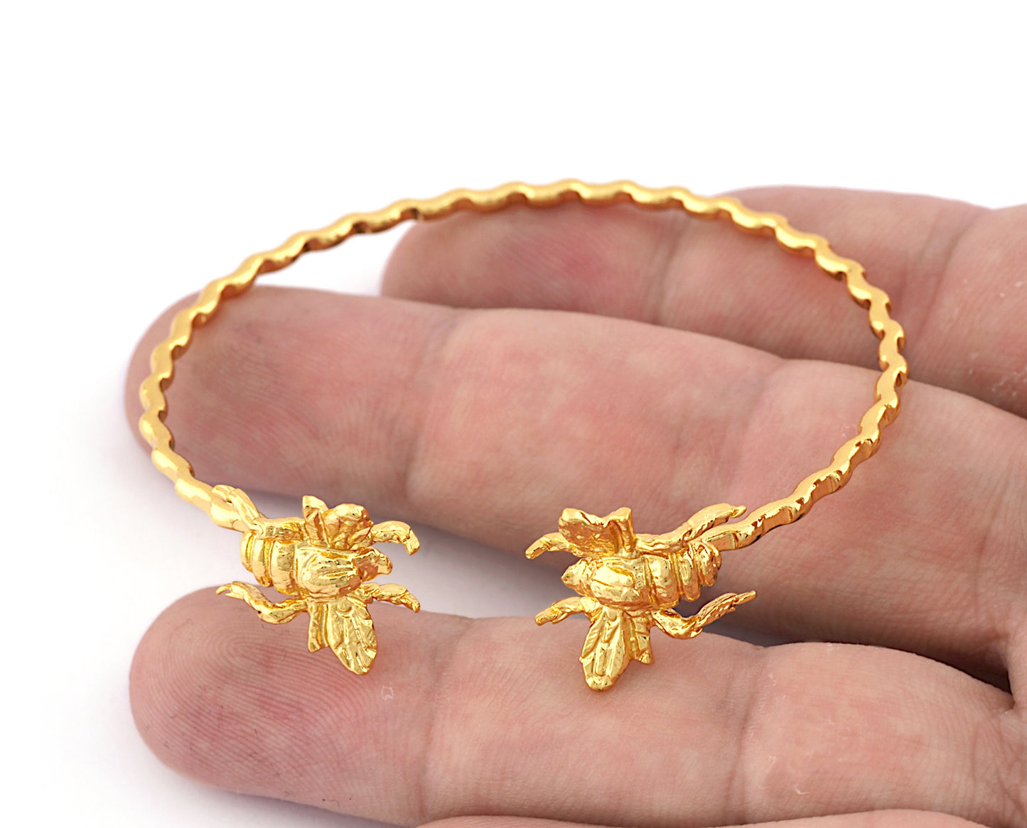 Bee Bracelet Shiny Gold Plated Brass (60mm inner size - Adjustable ) 5374