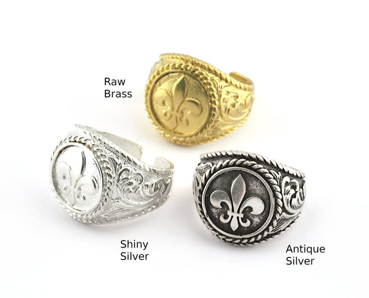 Lily Flower Fleur de lis Signet Adjustable Ring Raw Brass - Antique silver - Shiny silver - (9US - 12US inner size) 3122