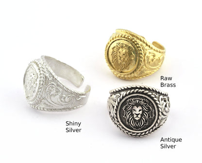 Lion Ring Raw Brass - Antique Silver - Shiny Silver Plated (9US - 12US inner size Adjustable ) 3048