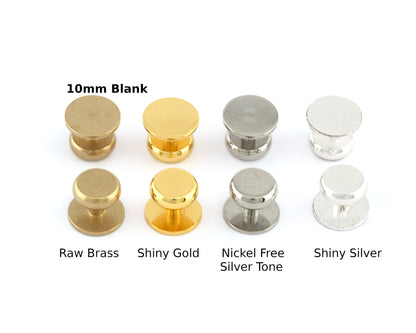 Cufflink Setting 10x8mm studs, shirt collar tuxedo stud, Raw Brass Antique Silver Shiny Gold Silver tone NF, Shiny Silver (10mm Blank) 5398