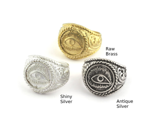 Eye Ring Raw Brass - Antique Silver - Shiny Silver Plated (9US - 12US inner size Adjustable ) 2272