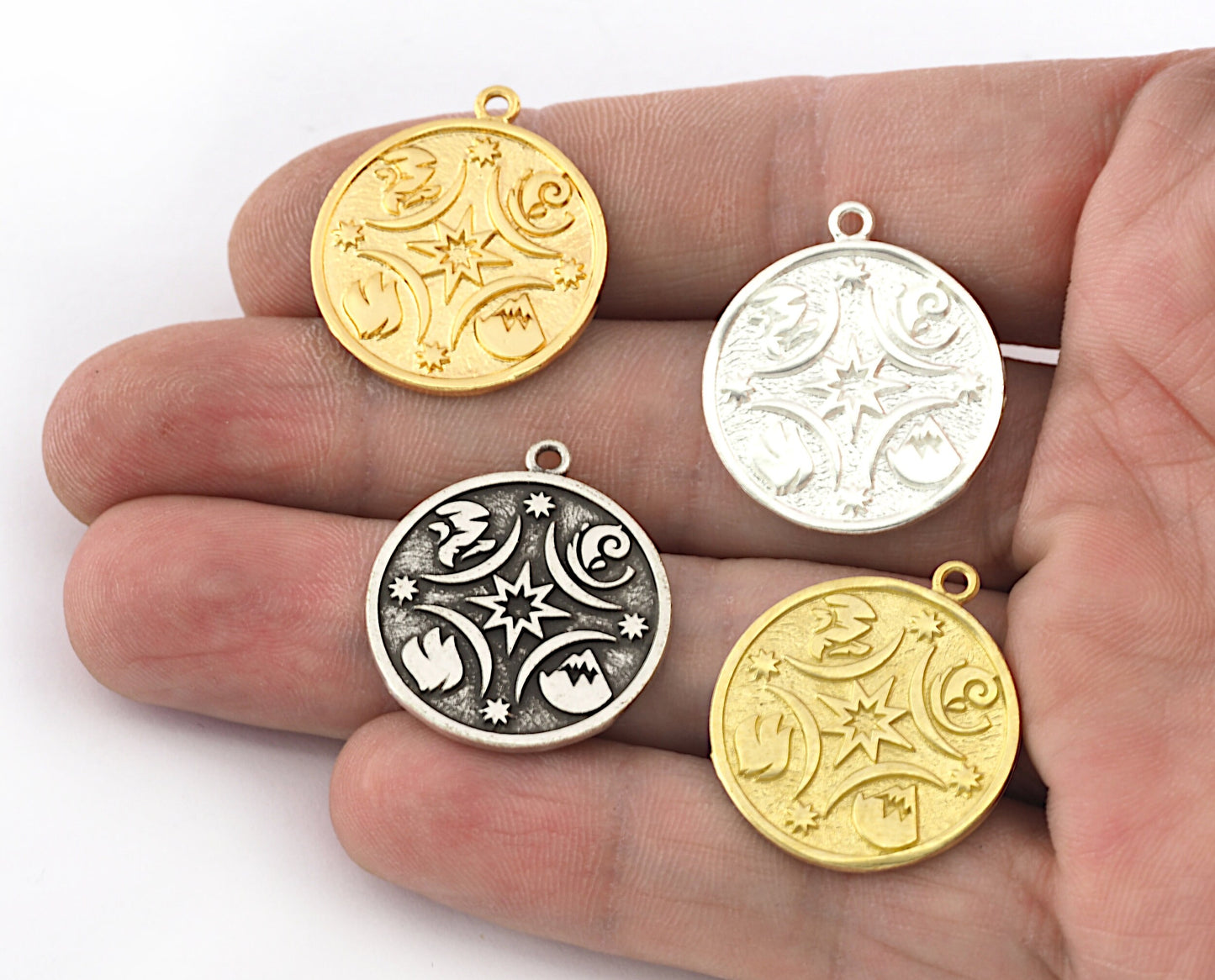 Elements Symbol Charms, Pendant Round Raw, Shiny, Antique Silver , Gold Plated Brass 26x22mm OZ5402