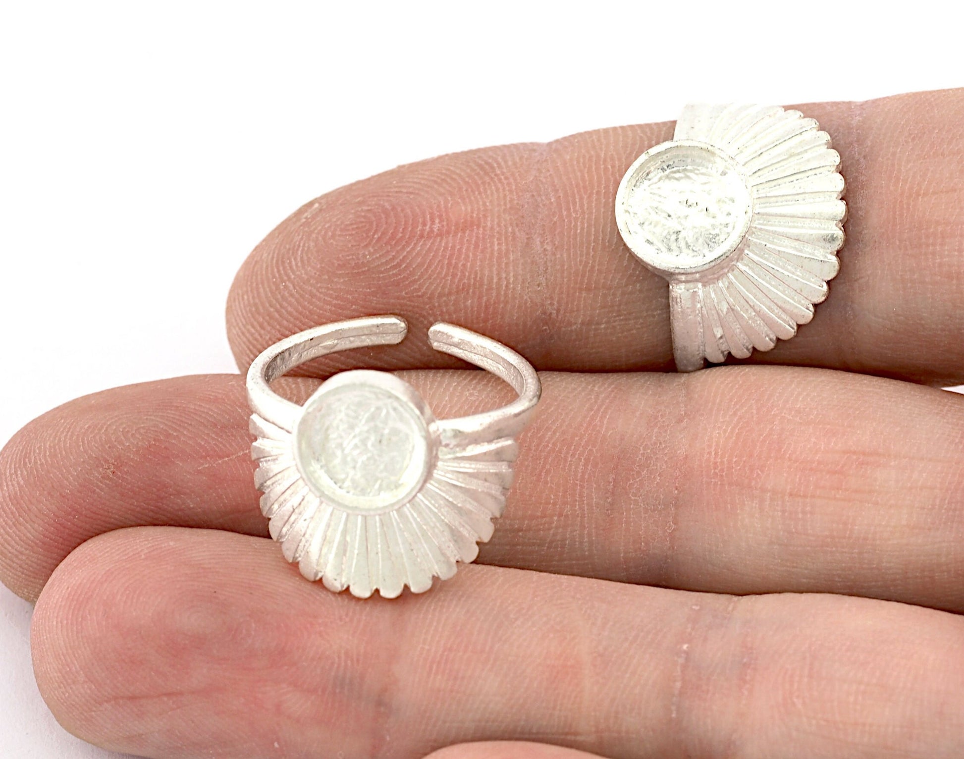 Adjustable Silver Plated Ring Base with 8mm Bezel | 18 US Size Adjustable Ring Blank for DIY Jewelry | Sunburst Fan Design Ring Setting 5397