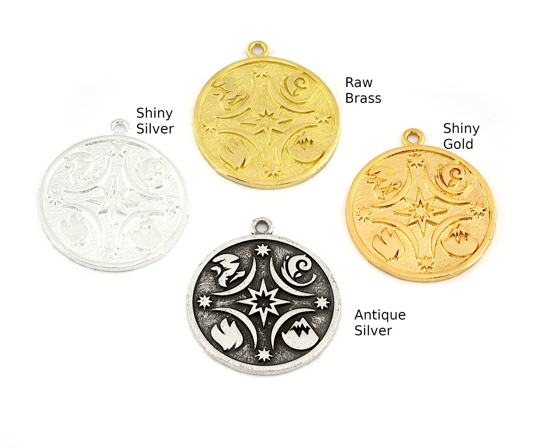 Elements Symbol Charms, Pendant Round Raw, Shiny, Antique Silver , Gold Plated Brass 26x22mm OZ5402