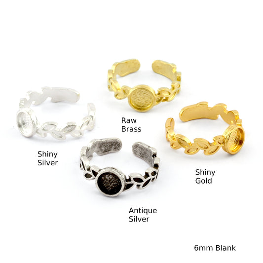 Leaf Band Ring , Bezel Setting Blank Raw Brass,Antique Silver Shiny silver, Shiny gold plated Brass (6mm Blank ) 5413