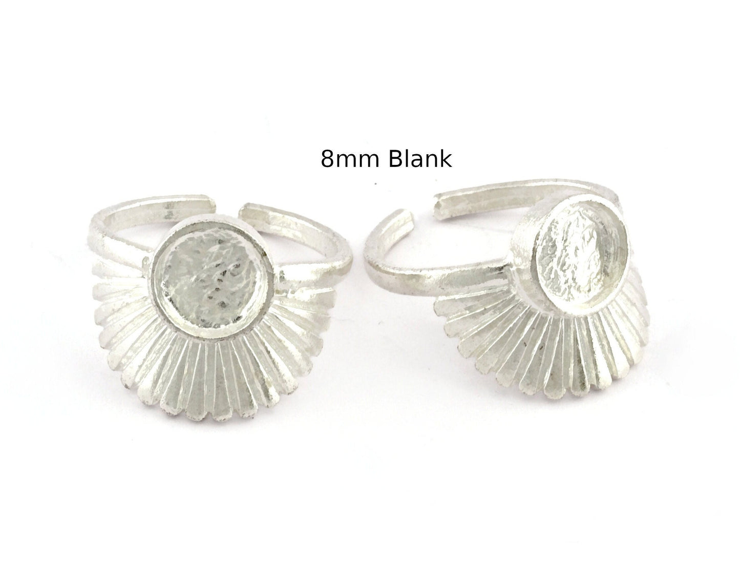 Adjustable Silver Plated Ring Base with 8mm Bezel | 18 US Size Adjustable Ring Blank for DIY Jewelry | Sunburst Fan Design Ring Setting 5397