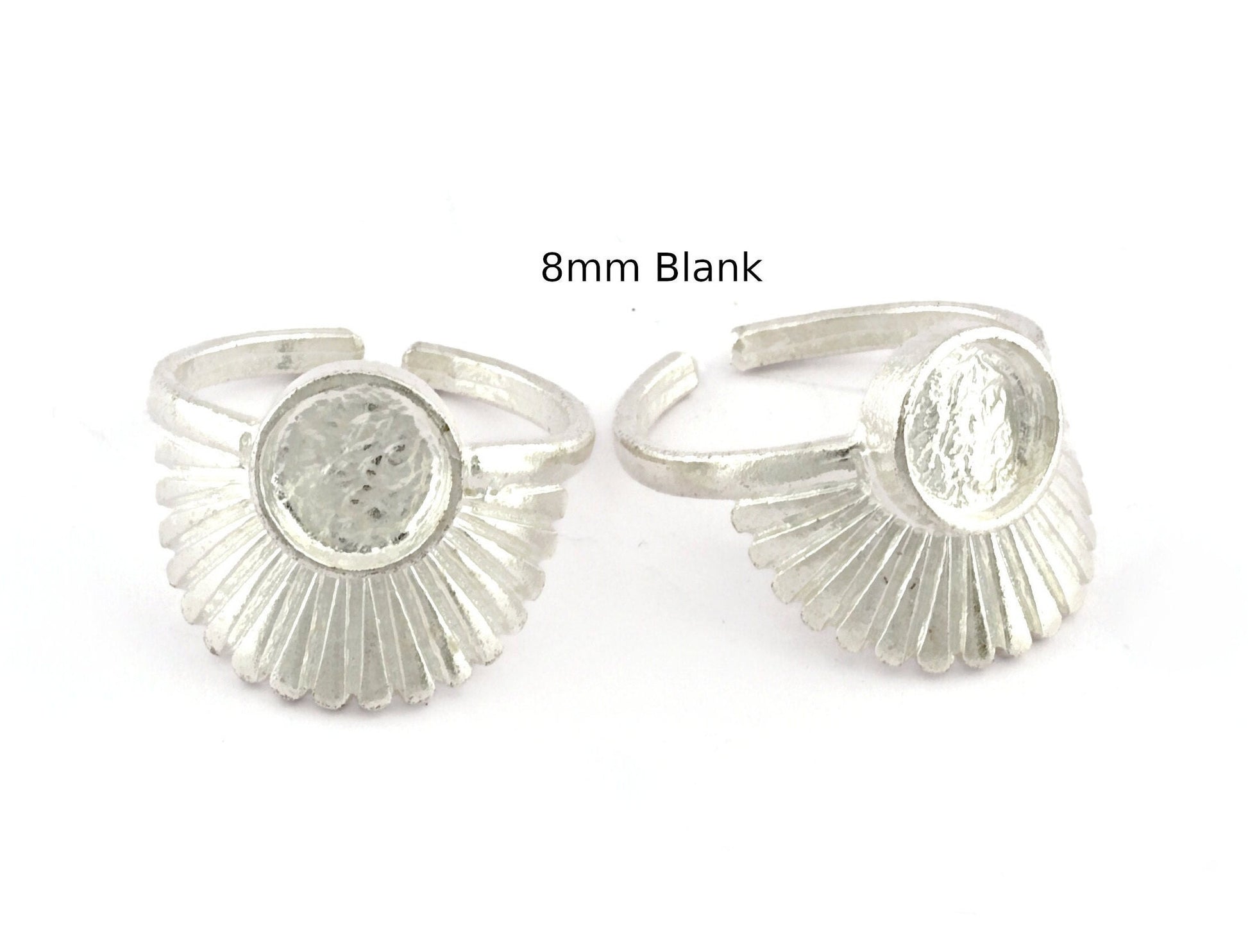 Adjustable Silver Plated Ring Base with 8mm Bezel | 18 US Size Adjustable Ring Blank for DIY Jewelry | Sunburst Fan Design Ring Setting 5397