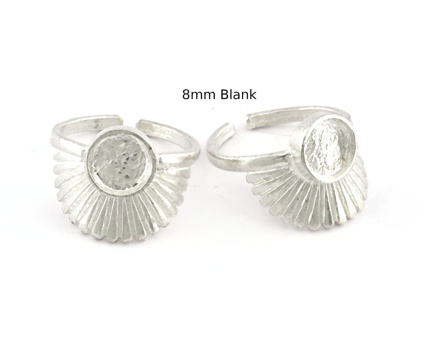 Adjustable Silver Plated Ring Base with 8mm Bezel | 18 US Size Adjustable Ring Blank for DIY Jewelry | Sunburst Fan Design Ring Setting 5397