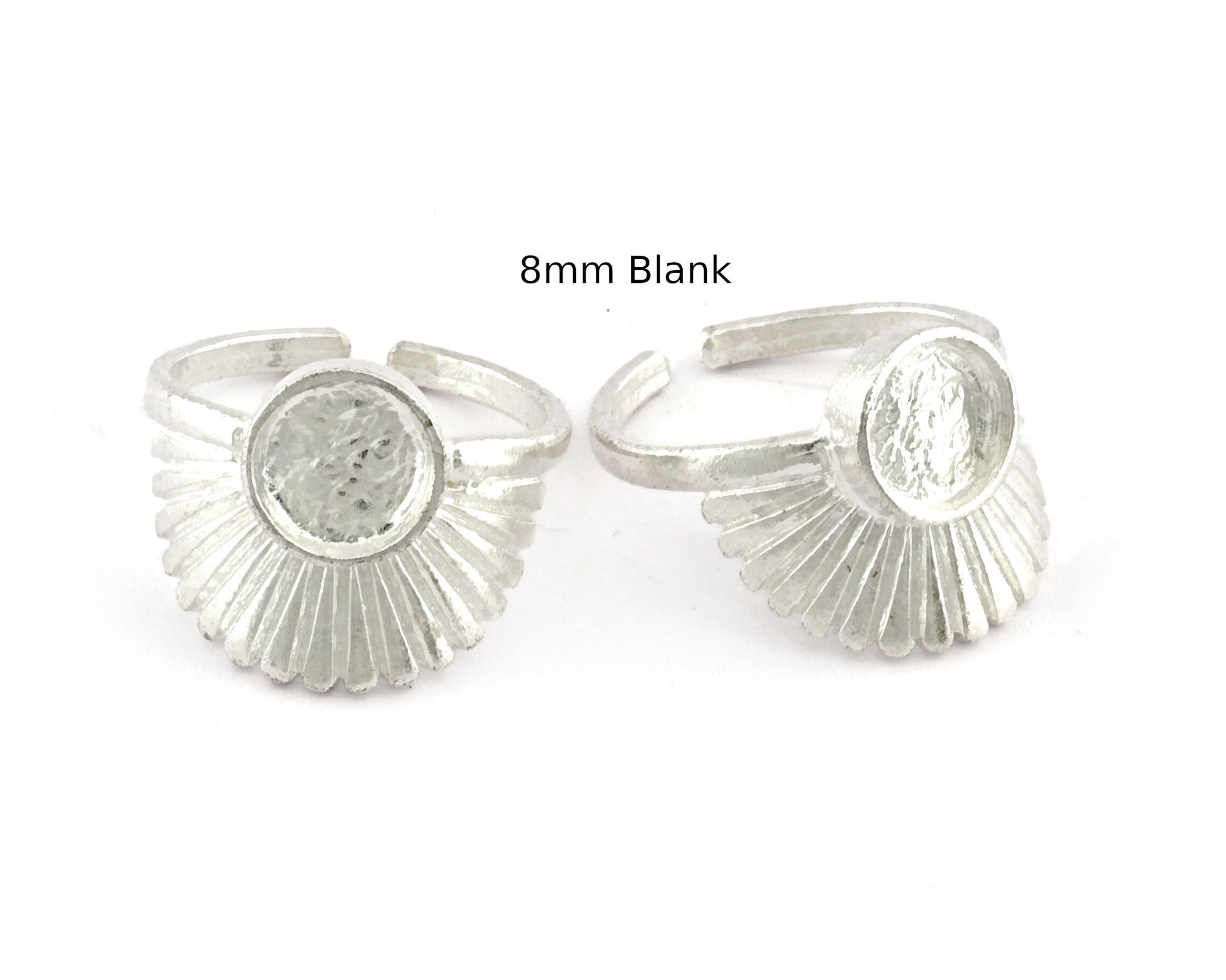 Adjustable Silver Plated Ring Base with 8mm Bezel | 18 US Size Adjustable Ring Blank for DIY Jewelry | Sunburst Fan Design Ring Setting 5397