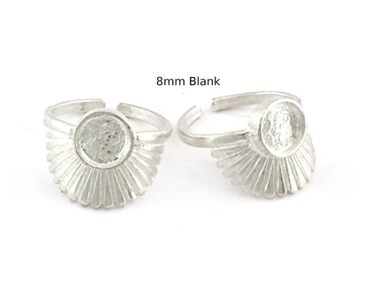 Adjustable Silver Plated Ring Base with 8mm Bezel | 18 US Size Adjustable Ring Blank for DIY Jewelry | Sunburst Fan Design Ring Setting 5397