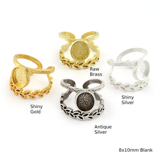 Leaf Band Ring , Bezel Setting Blank Raw Brass,Antique Silver Shiny silver, Shiny gold plated Brass (8x10mm Blank ) 5420