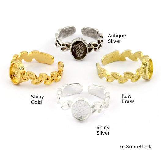 Leaf Band Ring , Bezel Setting Blank Raw Brass,Antique Silver Shiny silver, Shiny gold plated Brass (6x8mm Blank ) 5411