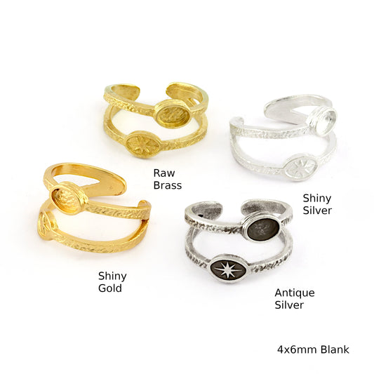 Star Band Ring , Bezel Setting Blank Raw Brass,Antique Silver Shiny silver, Shiny gold plated Brass (4x6mm Blank ) 5421