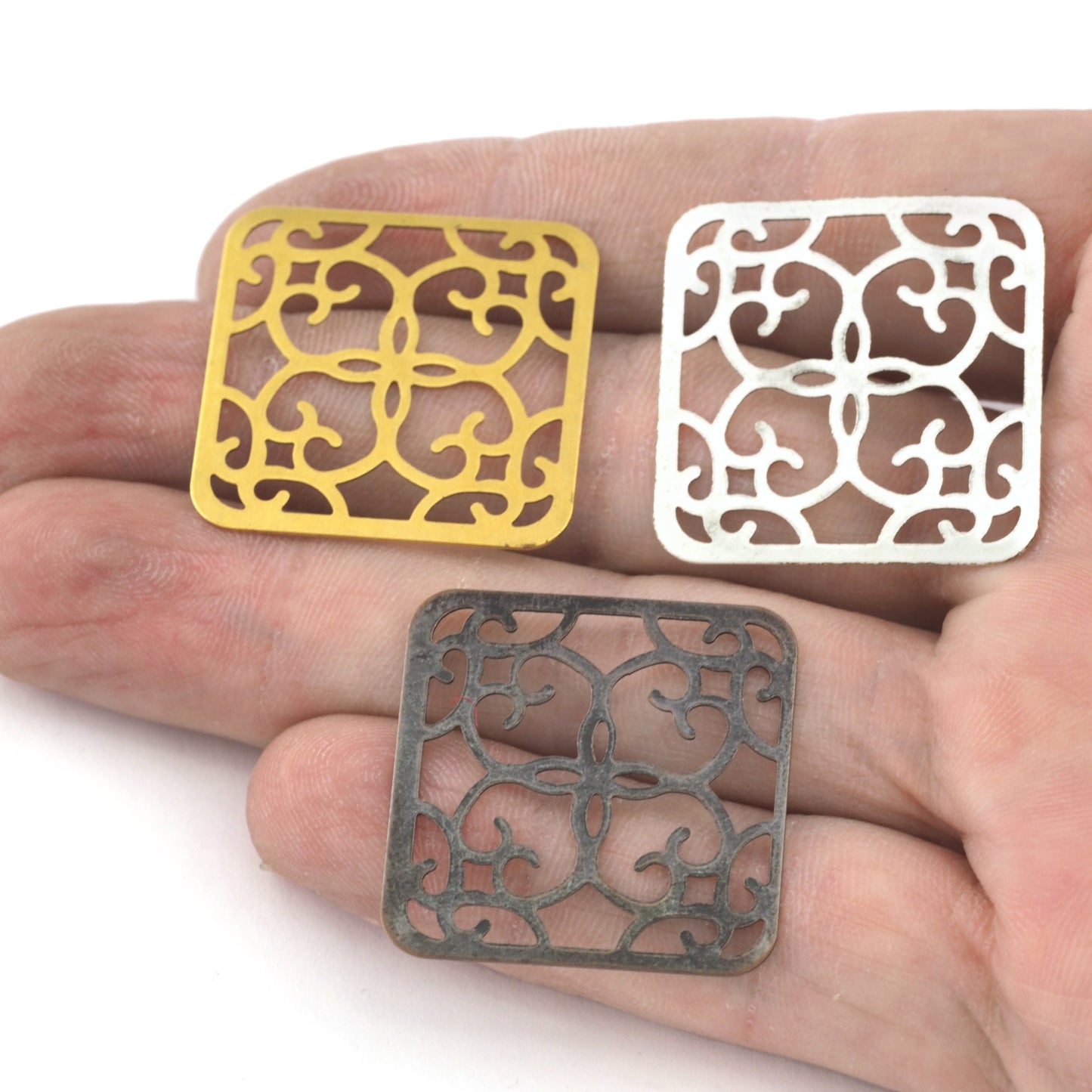Square Filigree Raw, Antique Brass, Antique Silver 27x27mm charms , findings 476R-50