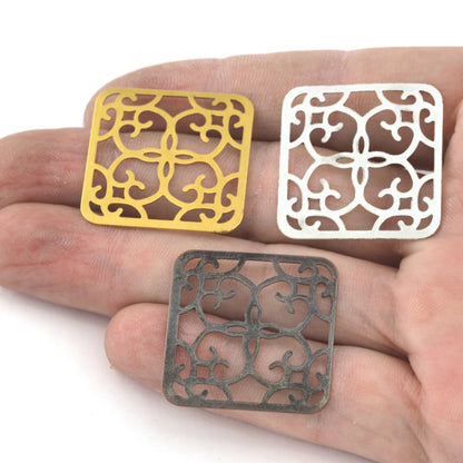 Square Filigree Raw, Antique Brass, Antique Silver 27x27mm charms , findings 476R-50