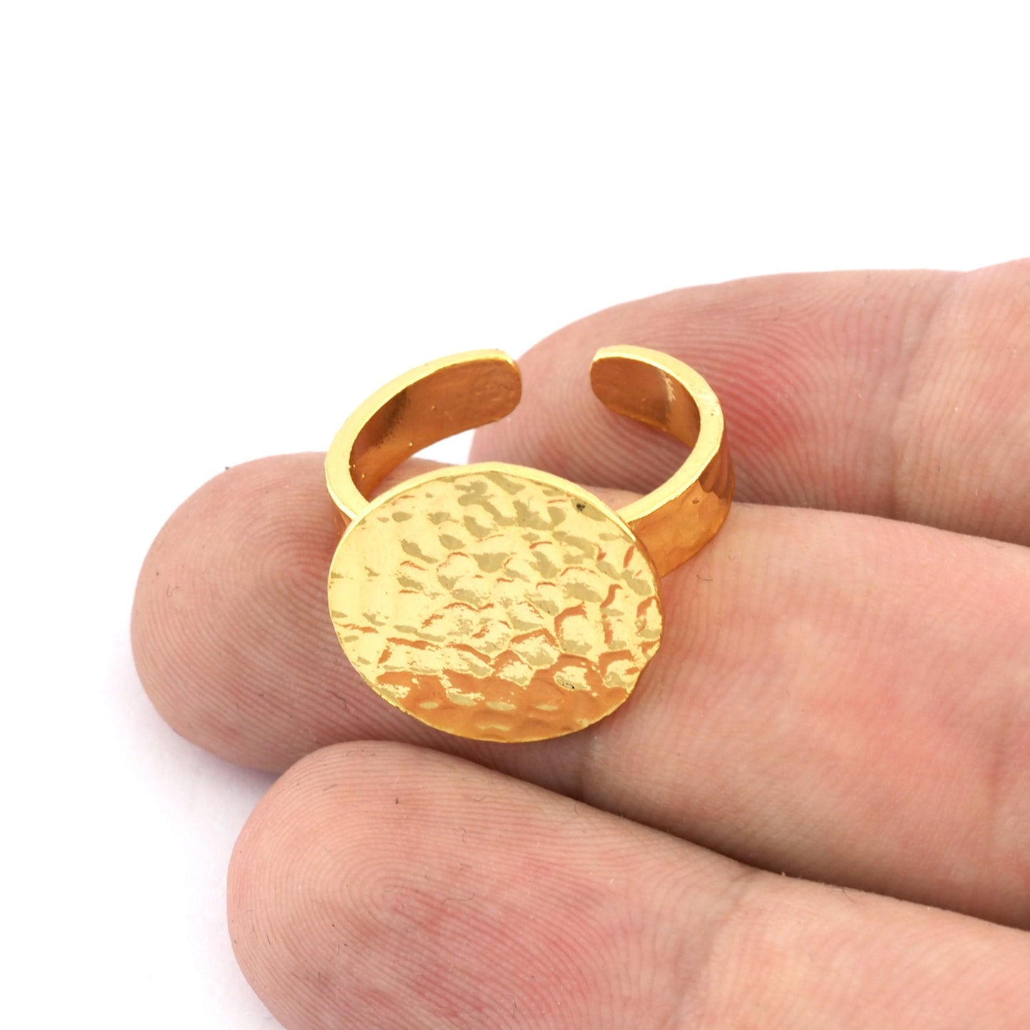 Round Disc Hammered Adjustable Ring Blank - Shiny gold plated Brass Ring Making (18mm Blank ) 4948