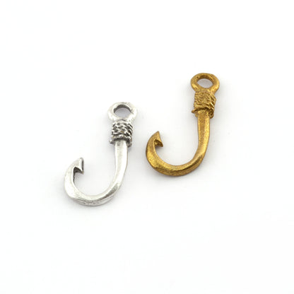 Fishing Hook Charms, Raw brass, Antique silver Pendant 28mm 2039