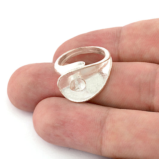 Ring Adjustable Ring Bezel (for 6mm half drilled pearl) Shiny Silver Plated Brass (18mm 8US inner size - Adjustable ) 2102