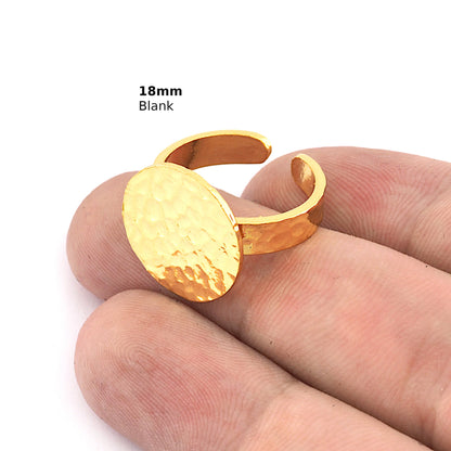 Round Disc Hammered Adjustable Ring Blank - Shiny gold plated Brass Ring Making (18mm Blank ) 4948