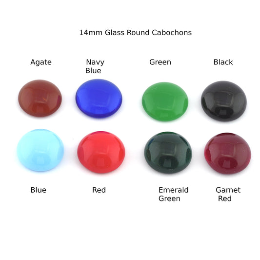 Glass Round Cabochon 14mm Czech Flat Back Agate, Navy Blue, Green, Black, Blue, Red, Emerald Green, Garnet Red CAB74