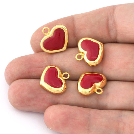 Heart Charms (Enamel on both sides) Pendant Shiny Gold Plated Brass 17x16mm charms 4837