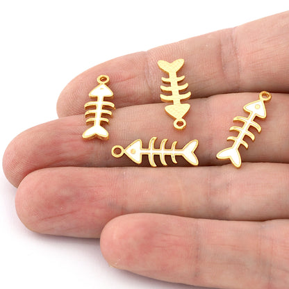 Fish Bone Charms - Shiny gold plated - Enamel filled 21x8mm 3046