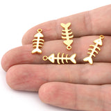 Fish Bone Charms - Shiny gold plated - Enamel filled 21x8mm 3046