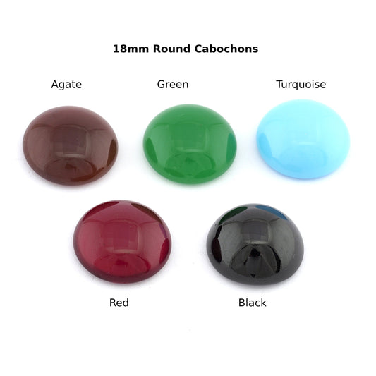 Round Glass Czech Cabochon 18mm Flat Back Agate, Green, Turquoise, Red Black CAB80