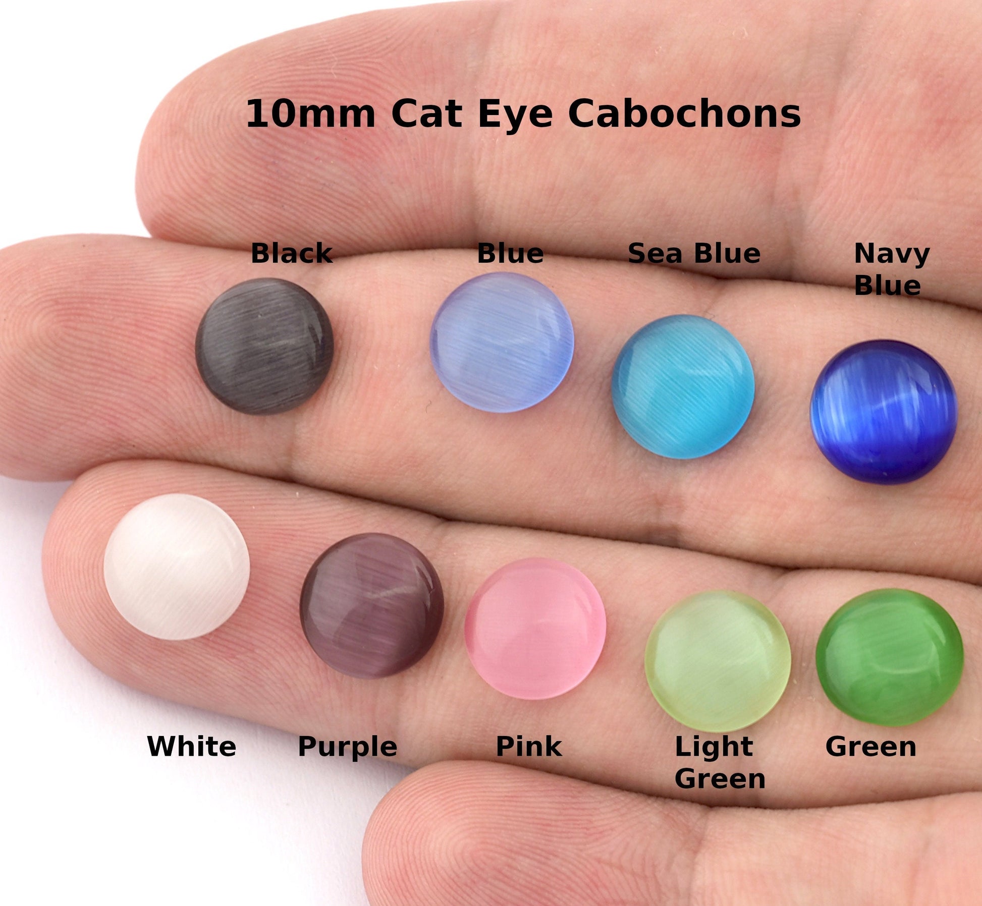 Round Glass Cat Eye Cabochon 10 mm Flat Back Black, Blue, White, Purple, Pink, Green CAB39