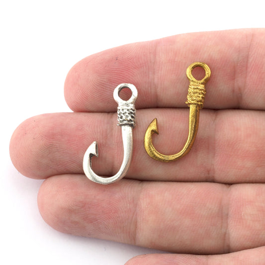 Fishing Hook Charms, Raw brass, Antique silver Pendant 28mm 2039