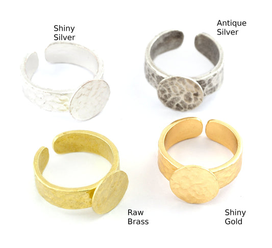 Band Ring Hammered Round Blank Adjustable Raw Brass- Shiny Silver - Antique Silver, Shiny Gold Plated Brass 12mm Blank 4966