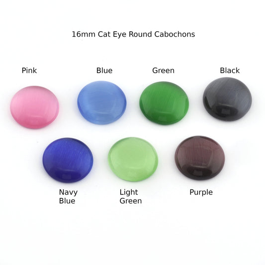 Glass Synthetic Cat Eye Round Cabochon 16mm Flat Back Pink, Blue, Green, Black, Navy Blue, Light Green, Purple CAB47