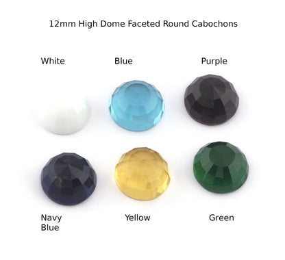 Faceted Glass High dome Round Cabochon 12mm Flat Back White, Blue, Purple, Navy Blue, Yellow, Green CAB64