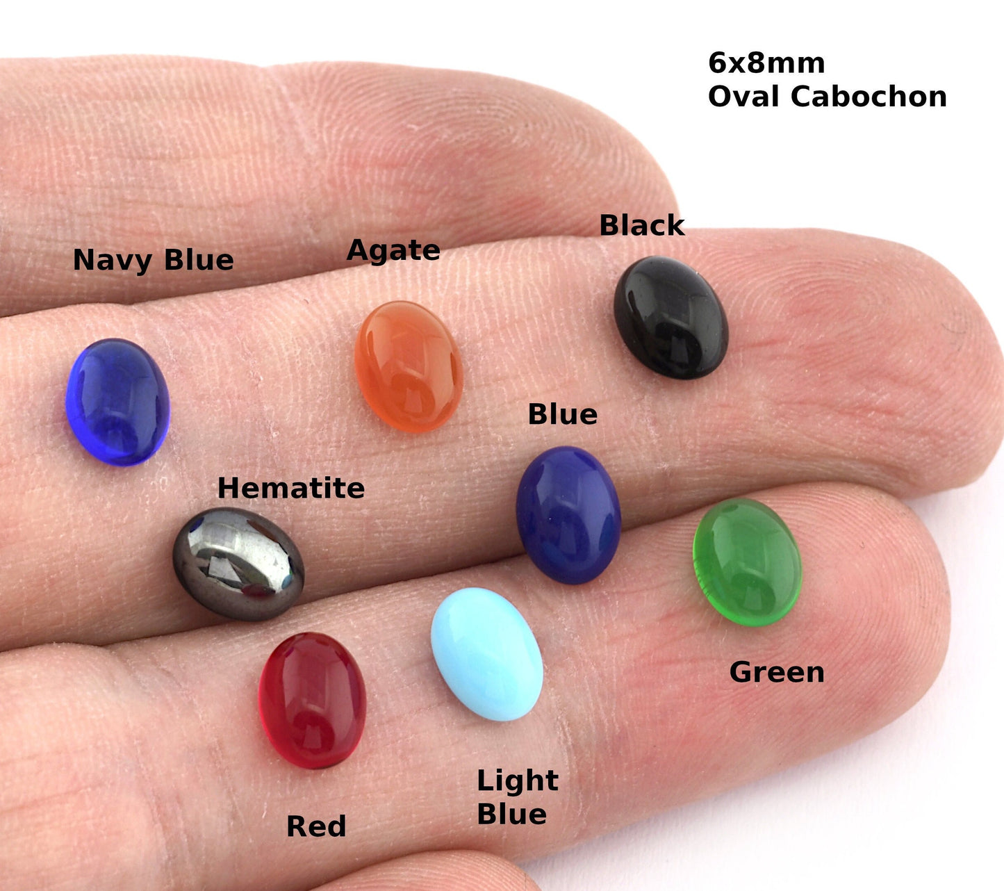 Oval Glass Czech Cabochon 6x8mm Flat Back Navy Blue, Agate, Black, Hematite, Blue, Red, Light Blue, Green CAB107