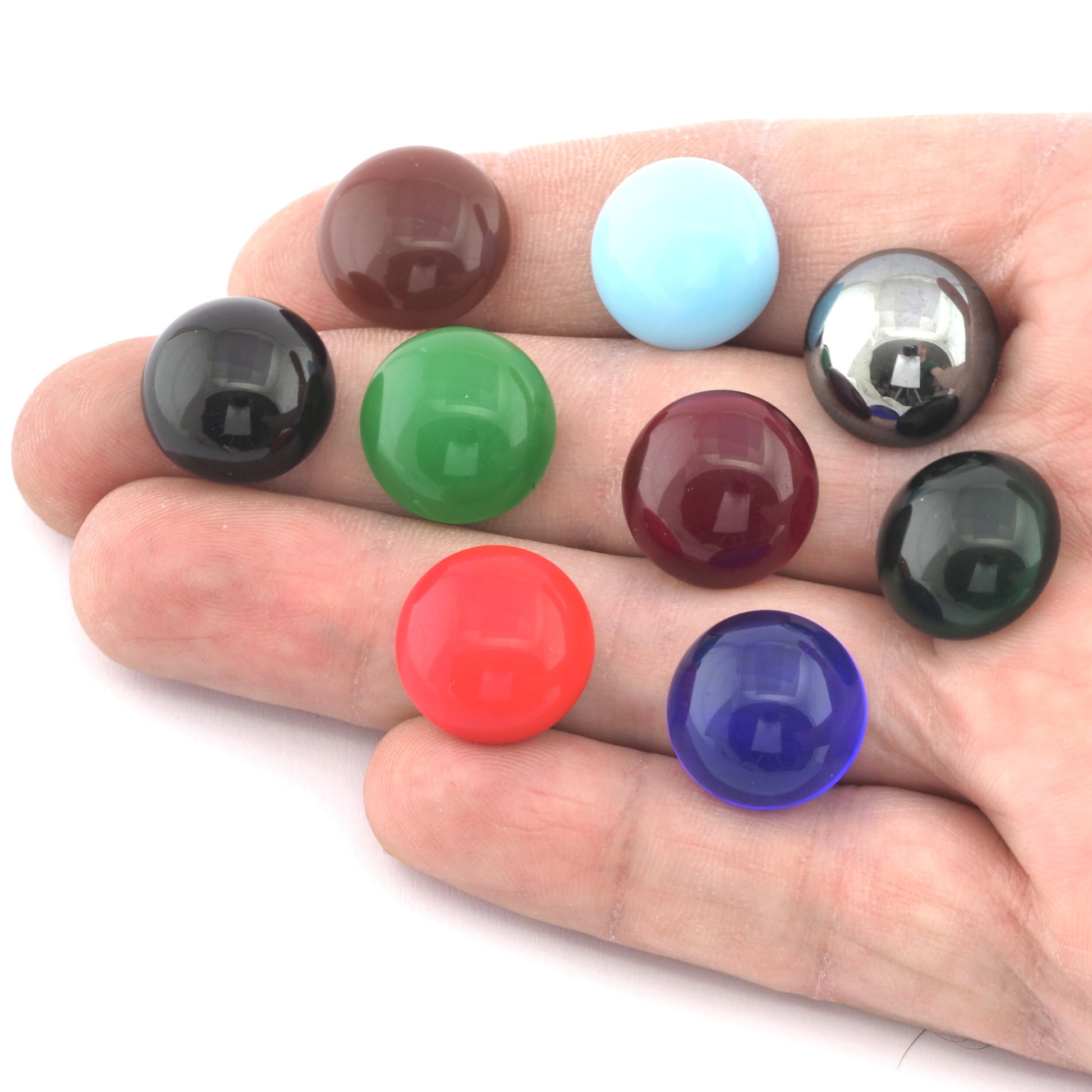 Round Glass Czech Cabochon 16mm Flat Back Hematite, Emerald Gren, Blue, Red, Agate, Black, Green, Red CAB19