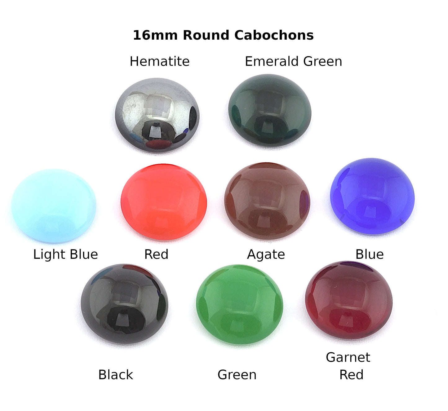 Round Glass Czech Cabochon 16mm Flat Back Hematite, Emerald Gren, Blue, Red, Agate, Black, Green, Red CAB19