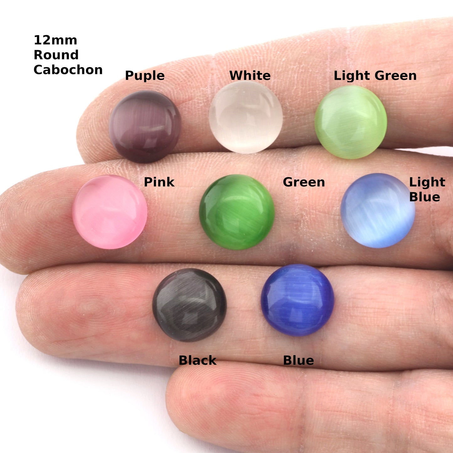 Round Glass Cat Eye Cabochon 12 mm Flat Back Purple, White, Light Green, Pink, Green, Light Blue, Black, Blue CAB63