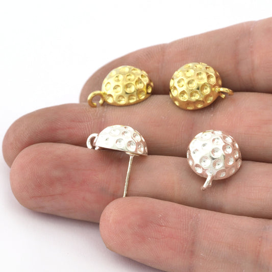 Ball , Shell Earring Stud Post with dangle loop Raw Brass, Shiny Silver 16x13 mm Earring Blanks 5181