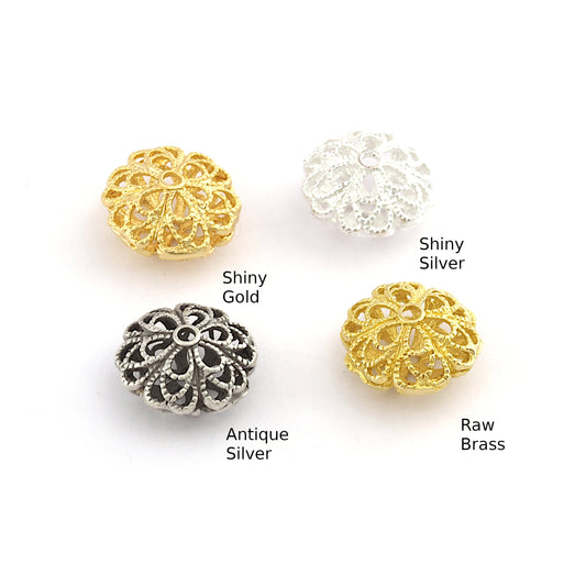 Flower Spheroid Sphere Ball Spacer Beads, Raw Brass Shiny Gold Plated, Antique Silver, Shiny Silver Plated 16x9mm bab2 5445