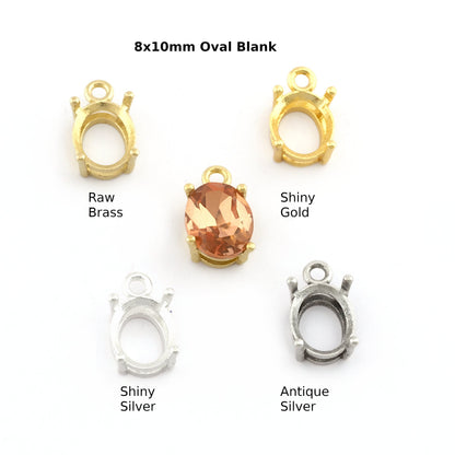Rhinestone Oval Charms Prong Blank Setting Raw Brass, Shiny gold, Antique silver, Shiny silver Pendant 8x10mm 5453