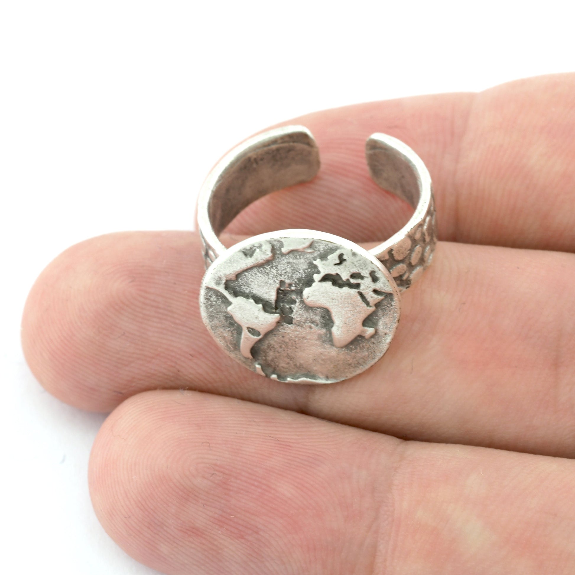 World Map Adjustable Ring Raw Brass - Antique silver (8US size) 0035